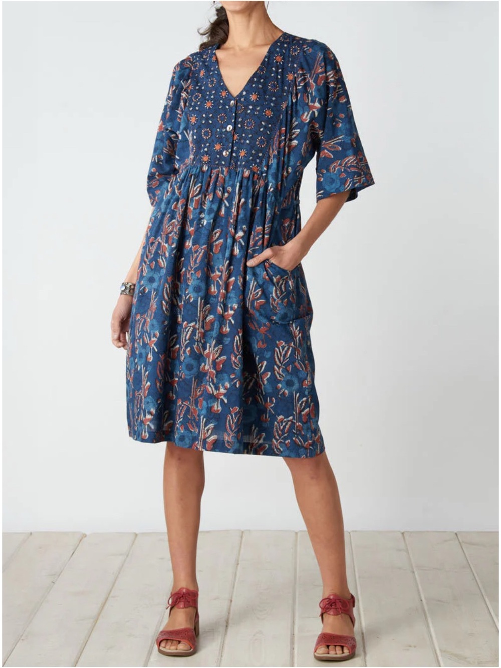 Marketplace Handwork of India Shift Dress Cotton Print PL Blue Embroidery NEW